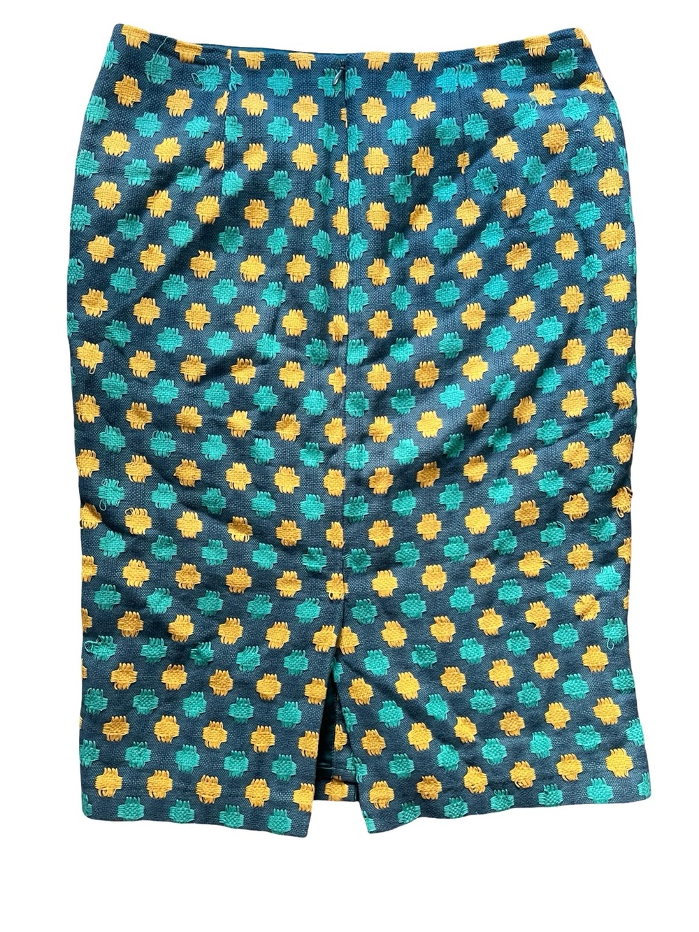 Boden Textured Navy Pencil Skirt with Yellow and Teal Pattern 8L